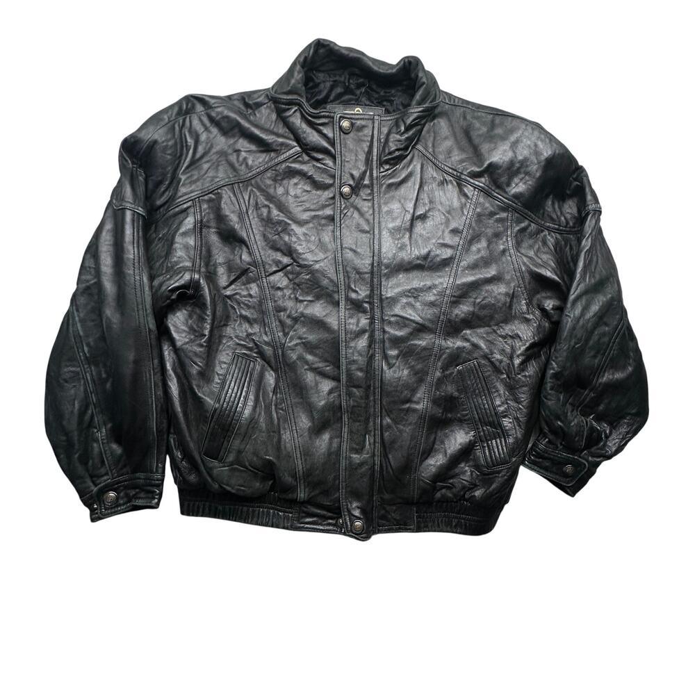 Vintage Misty Harbor Black Leather Bomber Biker Jacket Mens Large Black Full Zip